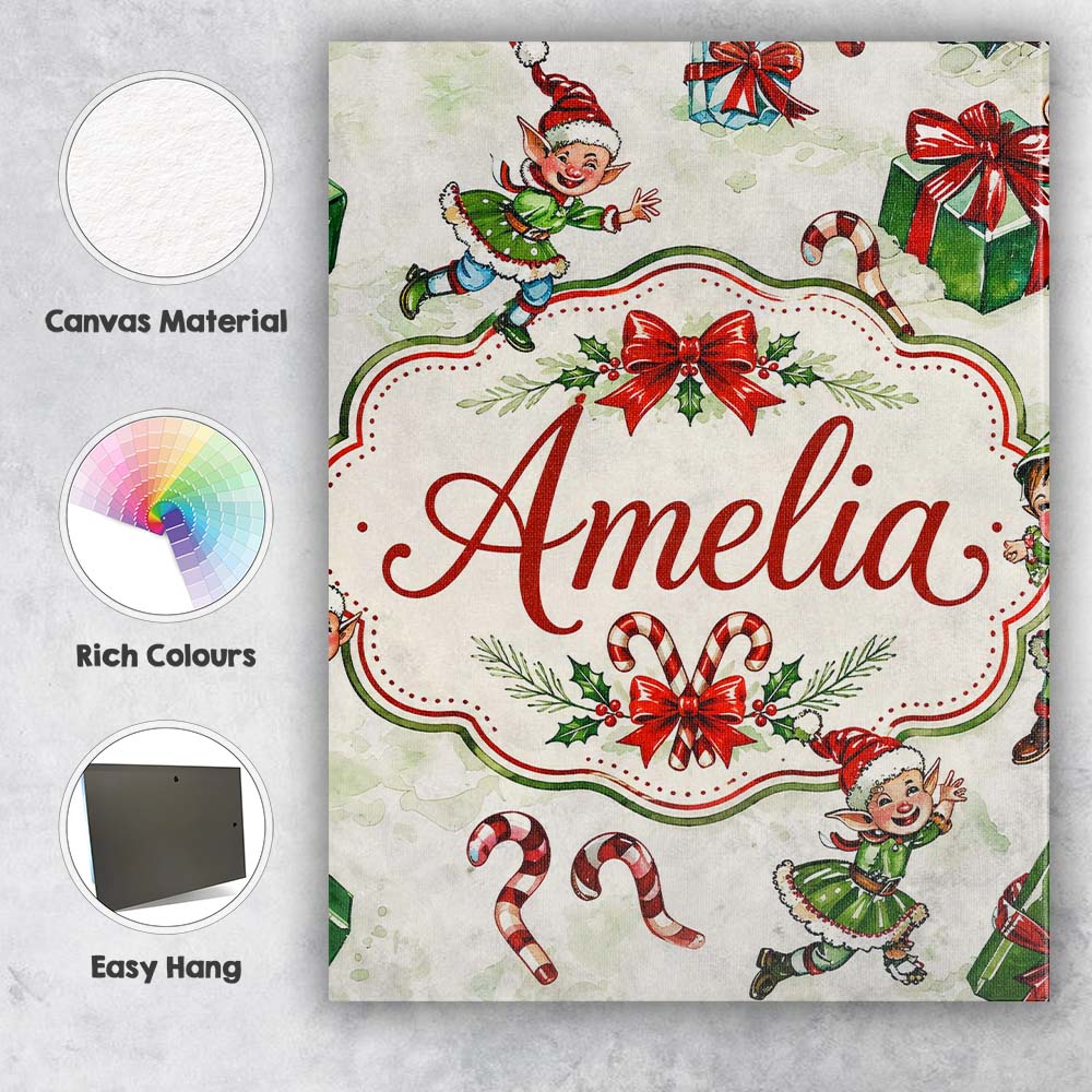 Personalised Name Playful Christmas Elves Custom  Unique Gift Idea Elegant Feature Canvas Wall Art Print Decor Picture Ready to Hang