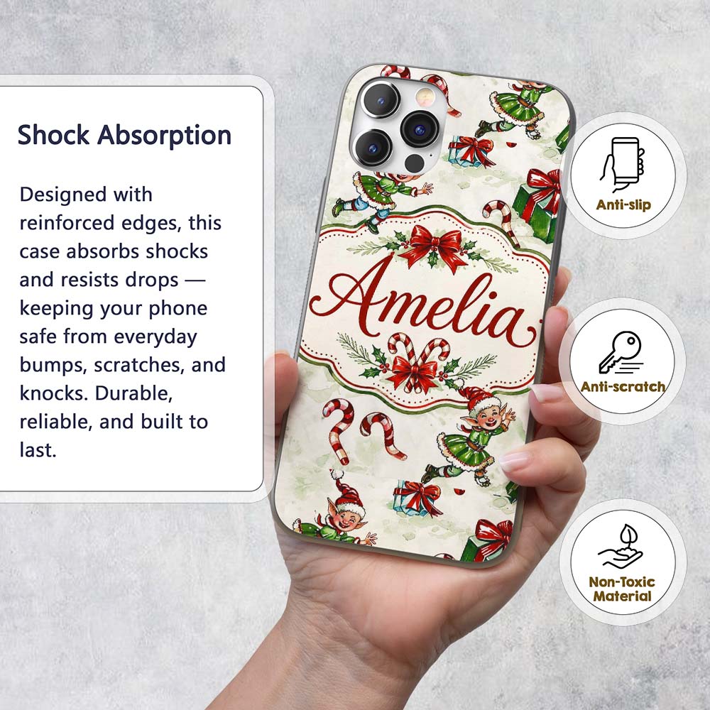 Playful Christmas Elves Gifts Candy Cane Festive Custom Name Protective Phone Case Mobile Cover Durable Everyday Smartphone Shock Resistant