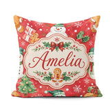 Custom Name Festive Gingerbread Cookies Gifts Holly Snowflakes Square Filled Cushion Throw Pillow Sofa Bed Home Decor Zip Washable UK Made