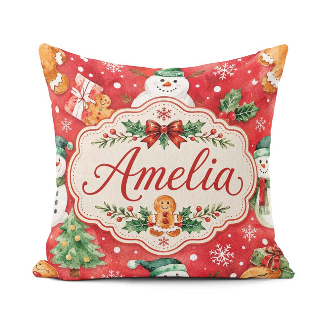 Custom Name Festive Gingerbread Cookies Gifts Holly Snowflakes Square Filled Cushion Throw Pillow Sofa Bed Home Decor Zip Washable UK Made