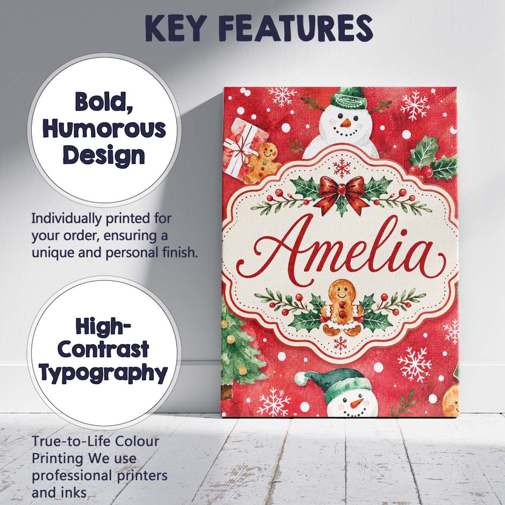 Personalised Name Festive Gingerbread Custom Modern Room Accent Creative Decorator Style Canvas Wall Art Print Decor Picture Ready to Hang