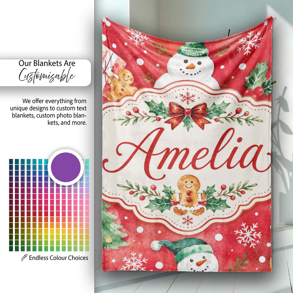 Festive Gingerbread Cookies Gifts Holly Snowflakes Watercolor Lovely  Personalised Custom Name Super Soft Fleece Blanket Bed Sofa Throw