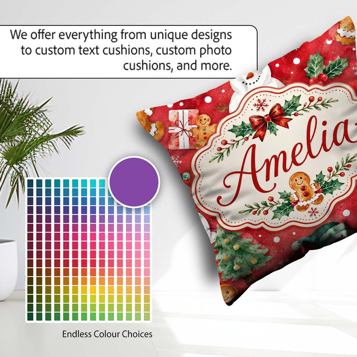 Custom Name Festive Gingerbread Cookies Gifts Holly Snowflakes Square Filled Cushion Throw Pillow Sofa Bed Home Decor Zip Washable UK Made