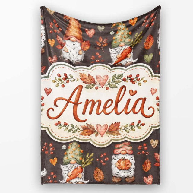 Autumn Gnomes Leaves Hearts Cozy Fall Watercolor Seamless Pattern  Personalised Custom Name Super Soft Fleece Blanket Bed Sofa Throw