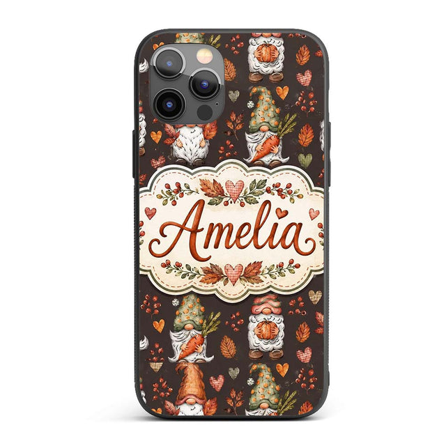Autumn Gnomes Leaves Hearts Cozy Fall Watercolor Custom Name Protective Phone Case Mobile Cover Durable Everyday Smartphone Shock Resistant