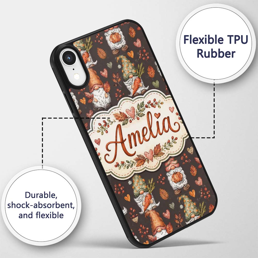 Autumn Gnomes Leaves Hearts Cozy Fall Watercolor Custom Name Protective Phone Case Mobile Cover Durable Everyday Smartphone Shock Resistant