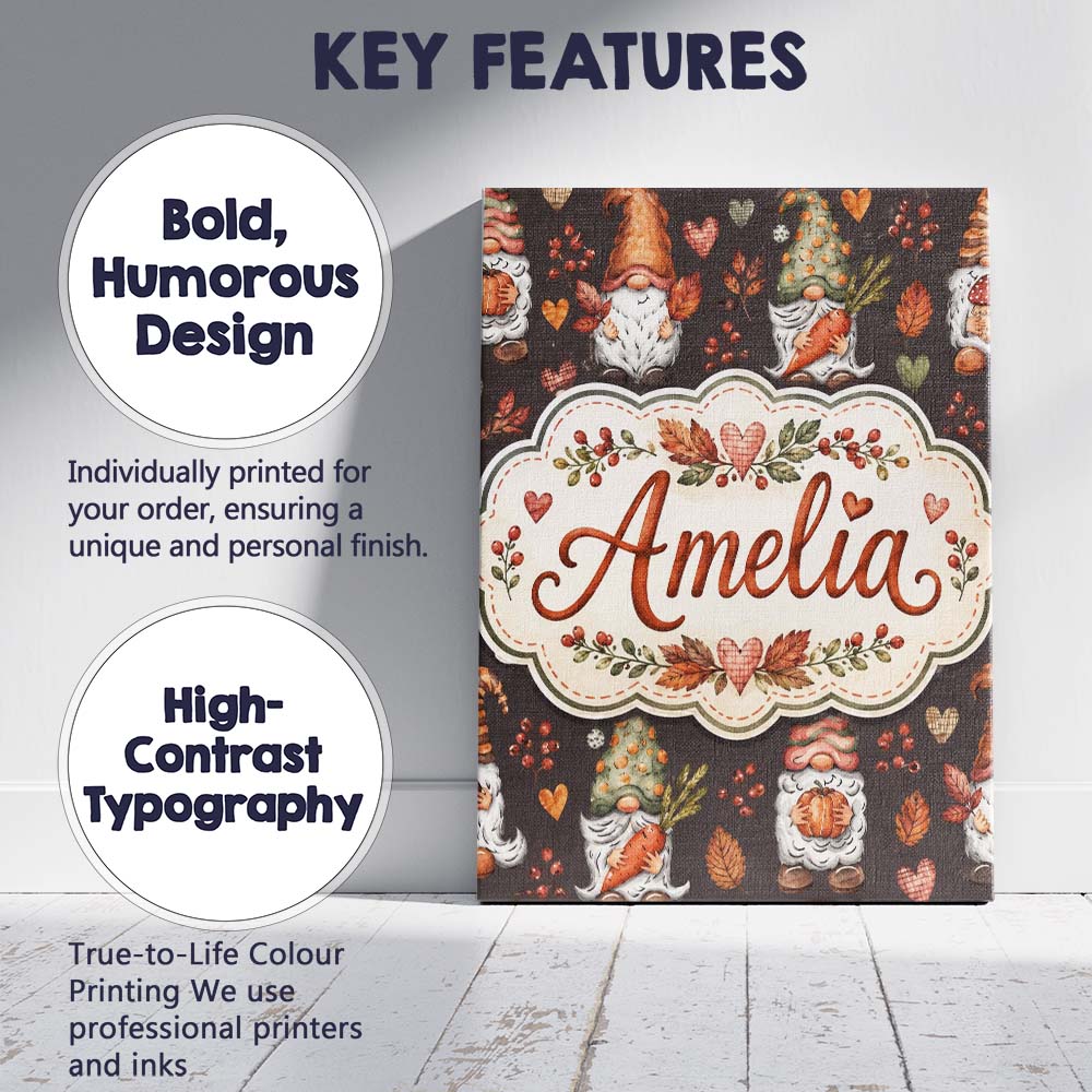 Personalised Name Autumn Gnomes Leaves Custom  Modern Room Accent Elegant Feature Canvas Wall Art Print Decor Picture Ready to Hang