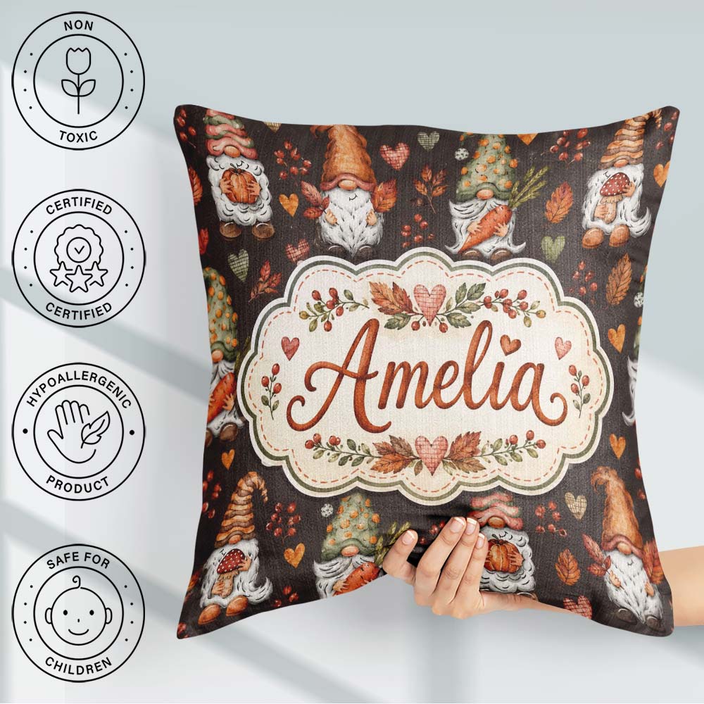 Custom Name Autumn Gnomes Leaves Hearts Cozy Watercolor Seamless Square Filled Cushion Throw Pillow Sofa Bed Home Decor Zip Washable UK Made