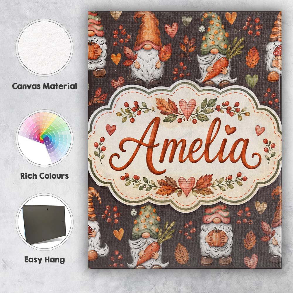 Personalised Name Autumn Gnomes Leaves Custom  Modern Room Accent Elegant Feature Canvas Wall Art Print Decor Picture Ready to Hang