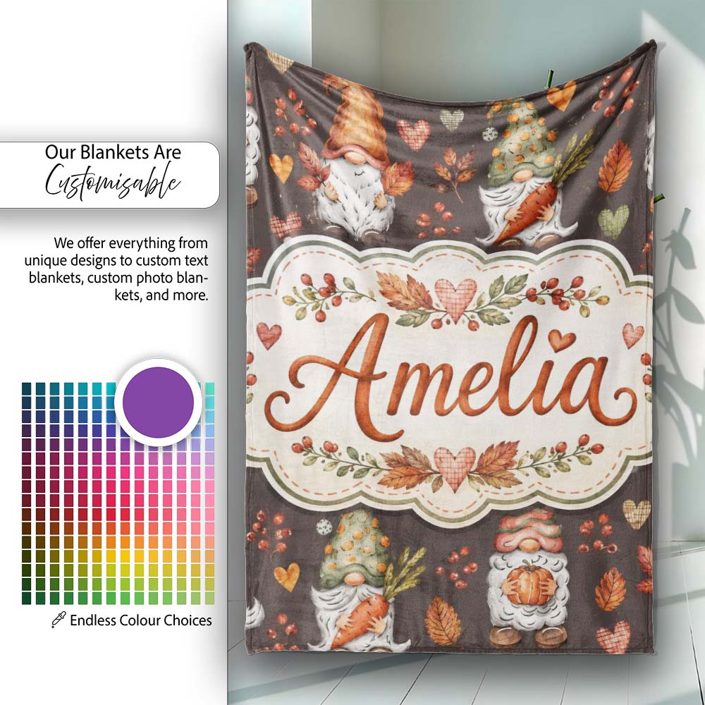 Autumn Gnomes Leaves Hearts Cozy Fall Watercolor Seamless Pattern  Personalised Custom Name Super Soft Fleece Blanket Bed Sofa Throw