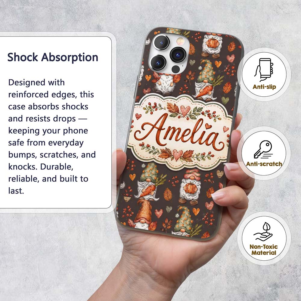 Autumn Gnomes Leaves Hearts Cozy Fall Watercolor Custom Name Protective Phone Case Mobile Cover Durable Everyday Smartphone Shock Resistant