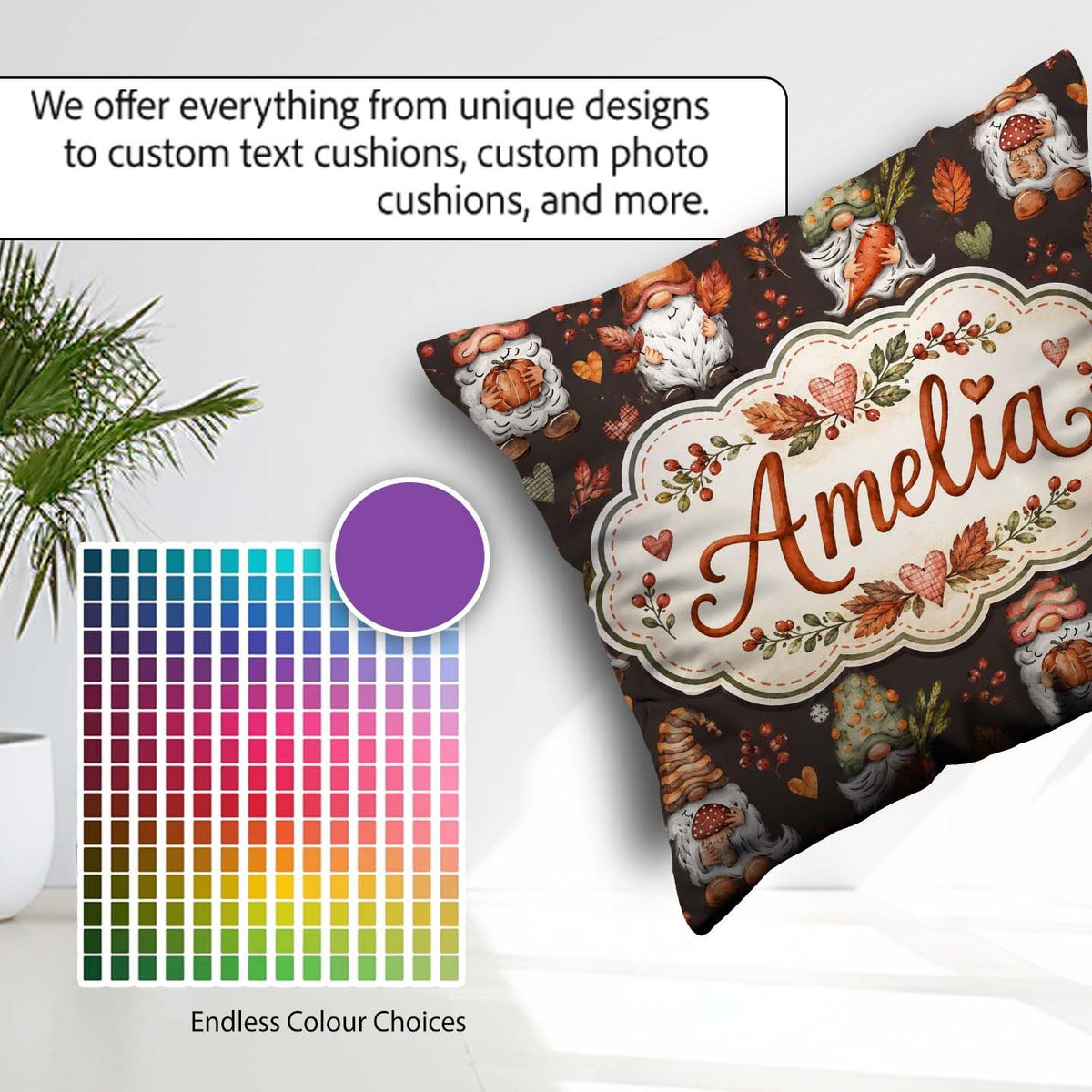Custom Name Autumn Gnomes Leaves Hearts Cozy Watercolor Seamless Square Filled Cushion Throw Pillow Sofa Bed Home Decor Zip Washable UK Made