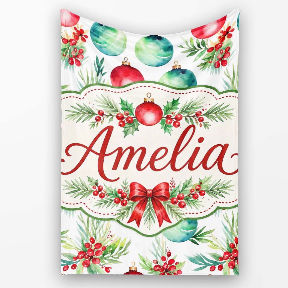 Watercolor Christmas Baubles Holly Leaves Festive Seamless Pattern  Personalised Custom Name Super Soft Fleece Blanket Bed Sofa Throw