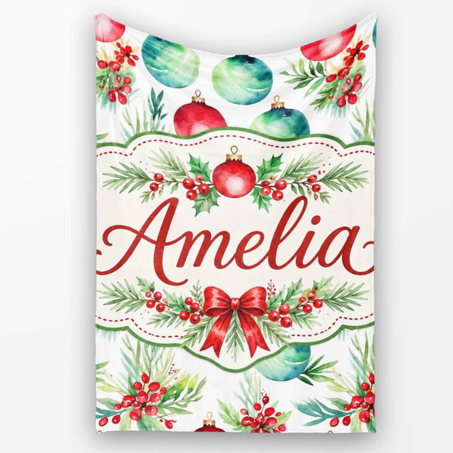 Watercolor Christmas Baubles Holly Leaves Festive Seamless Pattern  Personalised Custom Name Super Soft Fleece Blanket Bed Sofa Throw