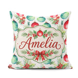 Custom Name Watercolor Christmas Baubles Leaves Festive Seamless Square Filled Cushion Throw Pillow Sofa Bed Home Decor Zip Washable UK Made