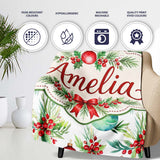 Watercolor Christmas Baubles Holly Leaves Festive Seamless Pattern  Personalised Custom Name Super Soft Fleece Blanket Bed Sofa Throw