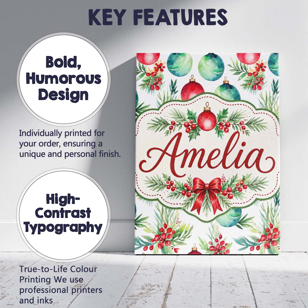 Personalised Name Watercolor Christmas Custom  Modern Room Accent Elegant Feature Canvas Wall Art Print Decor Picture Ready to Hang
