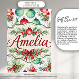 Watercolor Christmas Baubles Holly Leaves Festive Seamless Pattern  Personalised Custom Name Super Soft Fleece Blanket Bed Sofa Throw