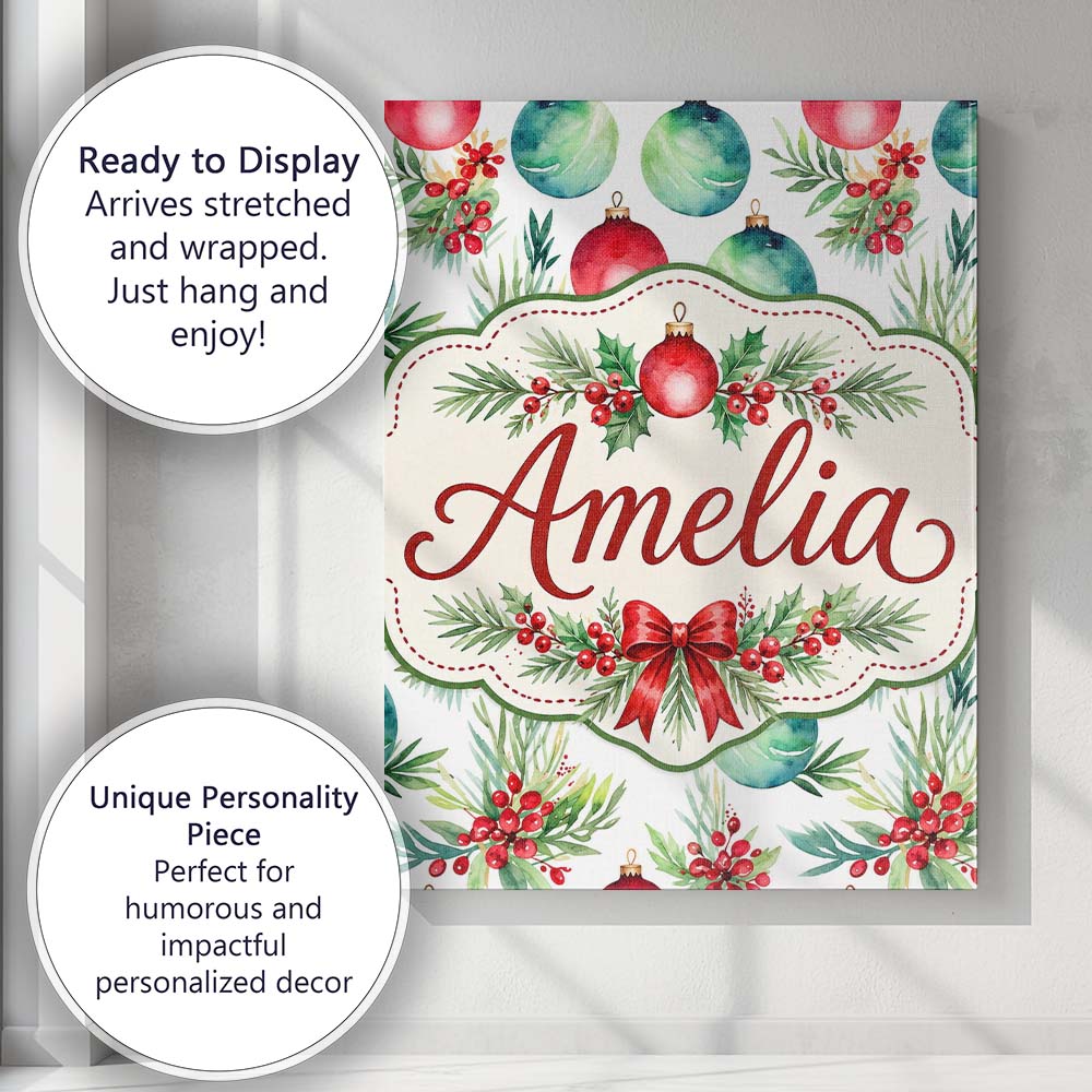 Personalised Name Watercolor Christmas Custom  Modern Room Accent Elegant Feature Canvas Wall Art Print Decor Picture Ready to Hang