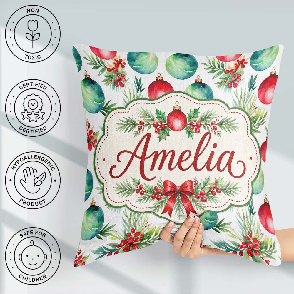Custom Name Watercolor Christmas Baubles Leaves Festive Seamless Square Filled Cushion Throw Pillow Sofa Bed Home Decor Zip Washable UK Made