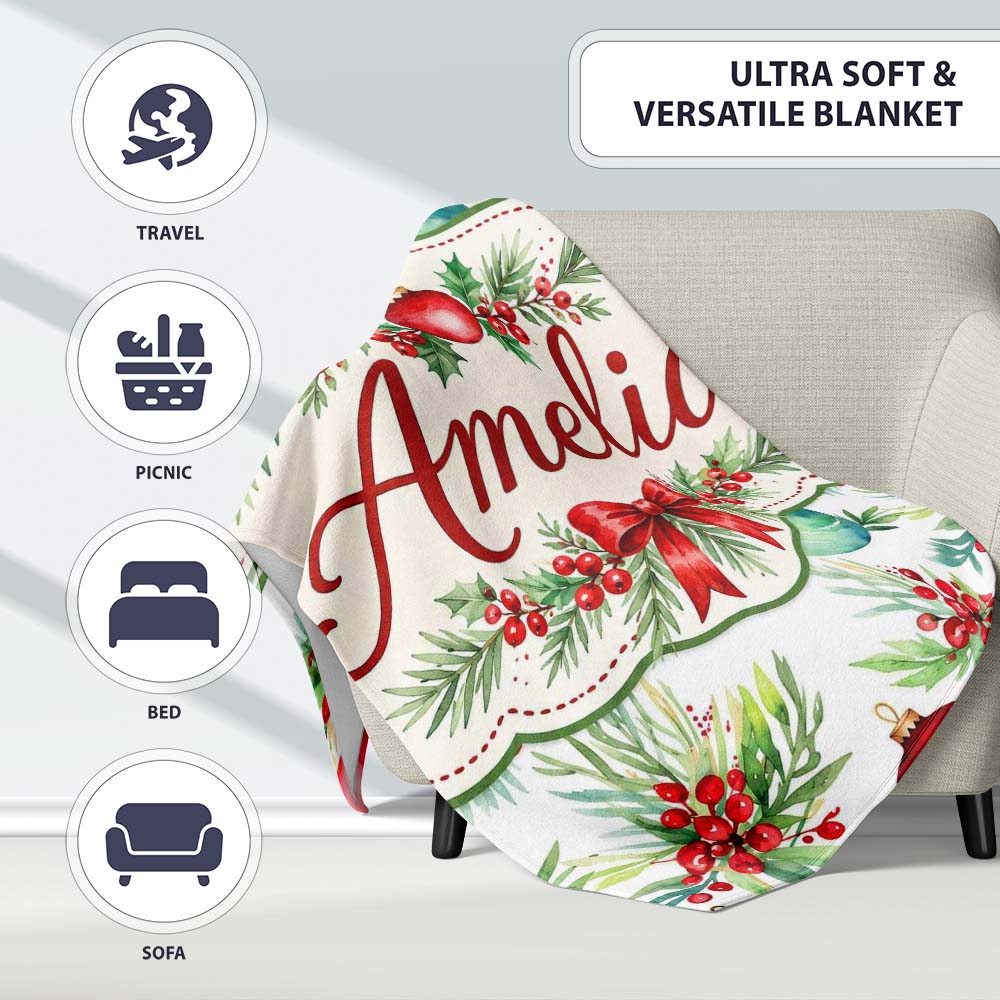 Watercolor Christmas Baubles Holly Leaves Festive Seamless Pattern  Personalised Custom Name Super Soft Fleece Blanket Bed Sofa Throw