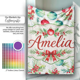 Watercolor Christmas Baubles Holly Leaves Festive Seamless Pattern  Personalised Custom Name Super Soft Fleece Blanket Bed Sofa Throw