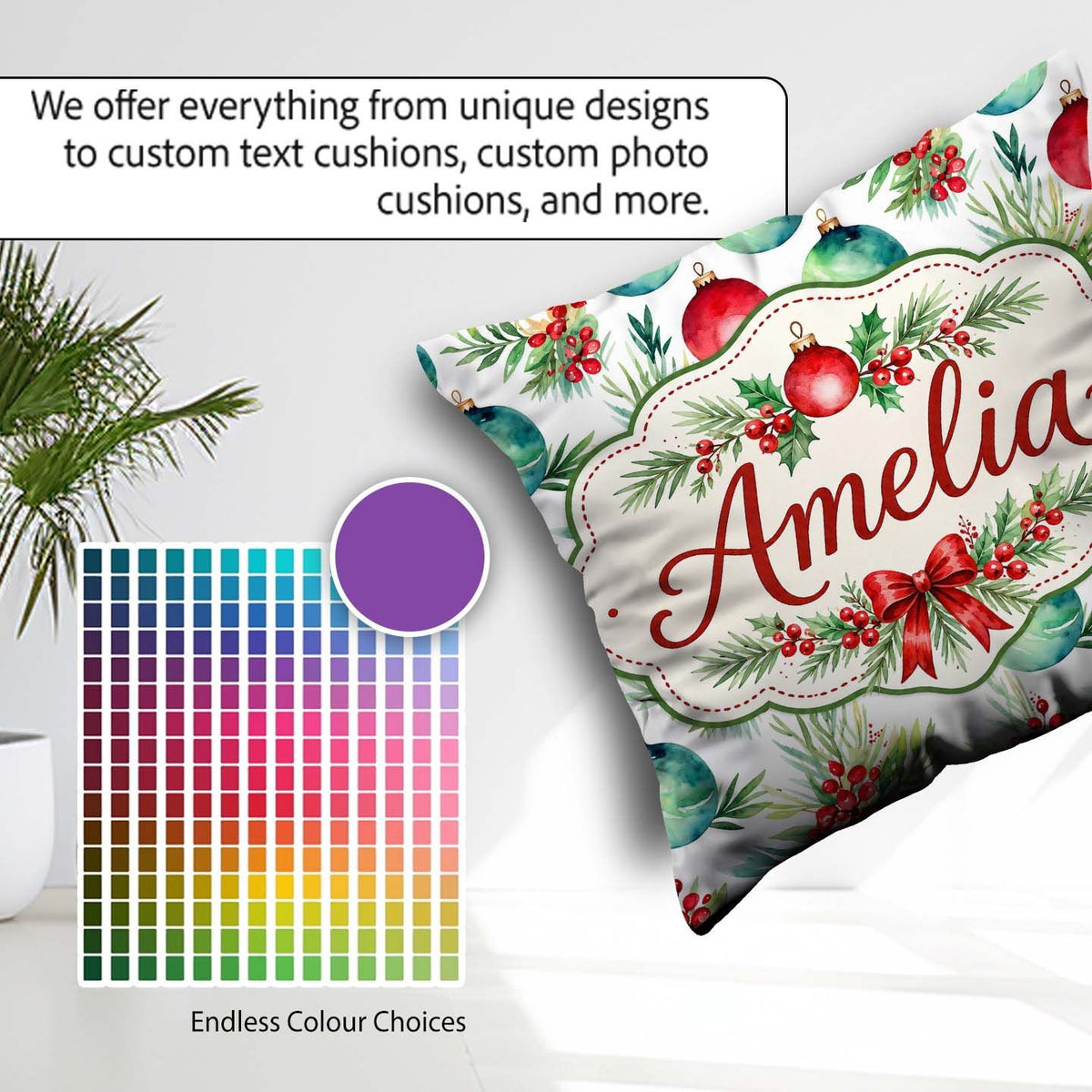 Custom Name Watercolor Christmas Baubles Leaves Festive Seamless Square Filled Cushion Throw Pillow Sofa Bed Home Decor Zip Washable UK Made