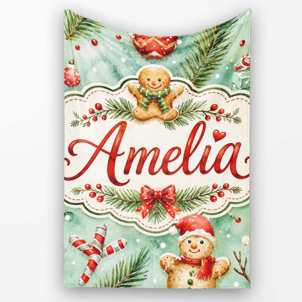 Cute Gingerbread Snowman Candy Cane Winter Seamless Pattern Lovely  Personalised Custom Name Super Soft Fleece Blanket Bed Sofa Throw