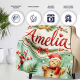 Cute Gingerbread Snowman Candy Cane Winter Seamless Pattern Lovely  Personalised Custom Name Super Soft Fleece Blanket Bed Sofa Throw