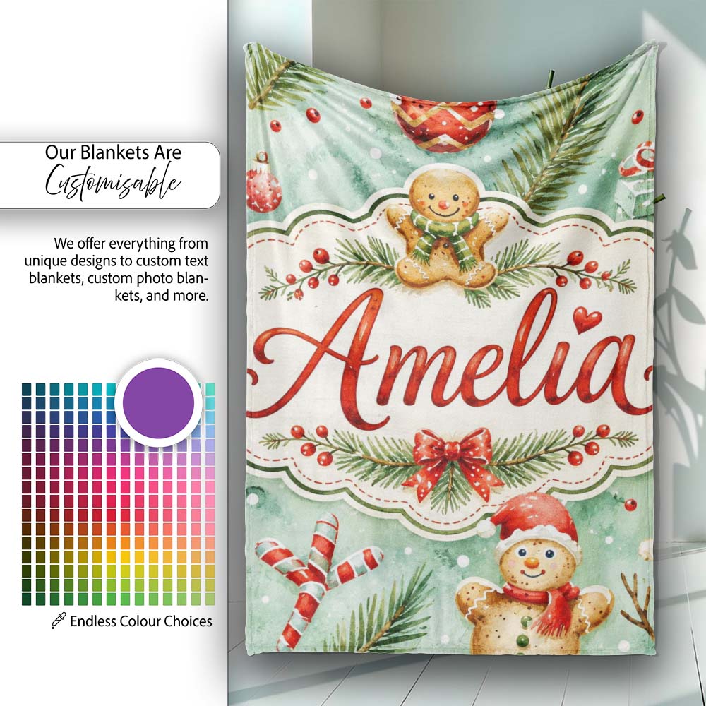Cute Gingerbread Snowman Candy Cane Winter Seamless Pattern Lovely  Personalised Custom Name Super Soft Fleece Blanket Bed Sofa Throw
