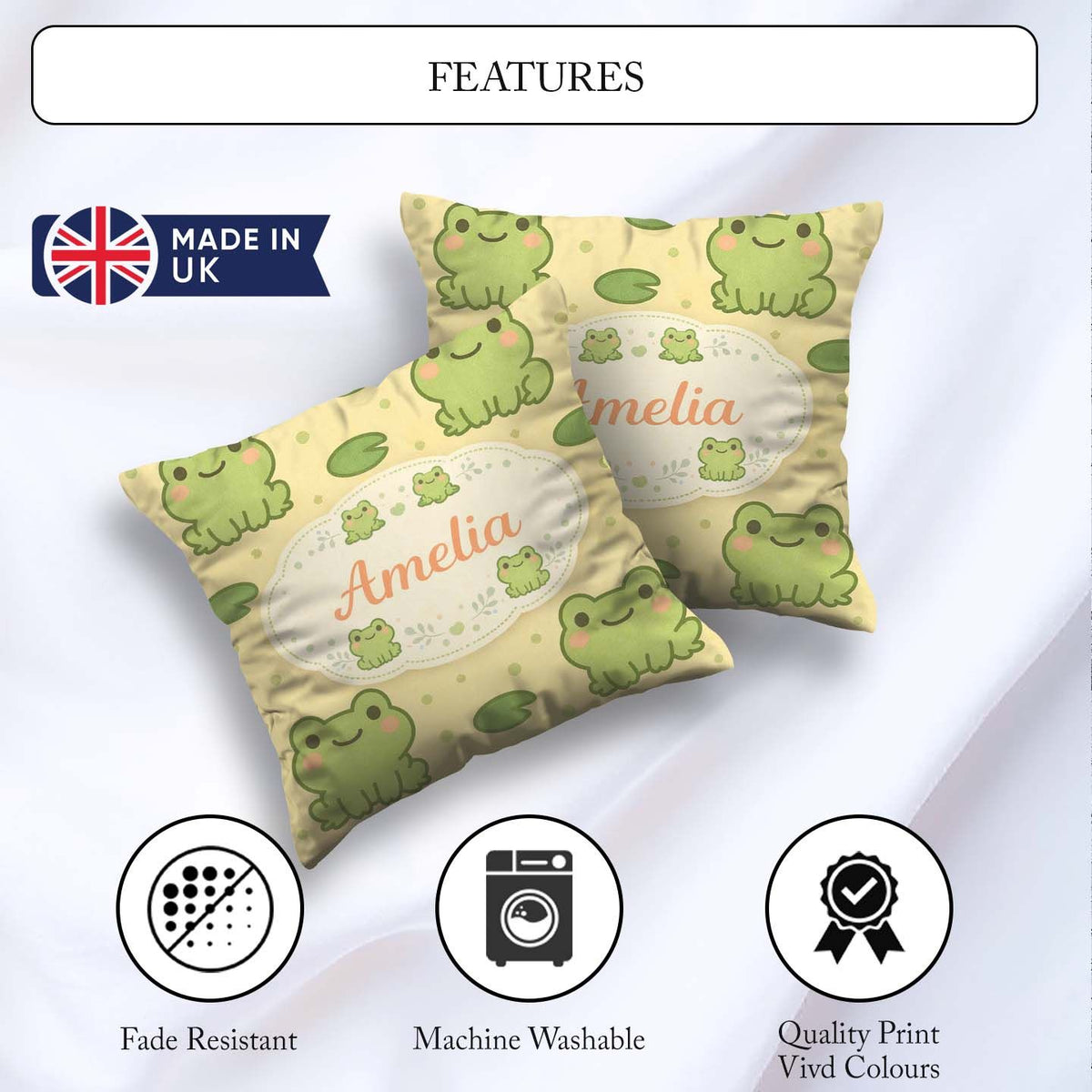 Custom Name Cute Frog Lily Pad Cartoon Animal Pattern Gift Idea Square Filled Cushion Throw Pillow Sofa Bed Home Decor Zip Washable UK Made