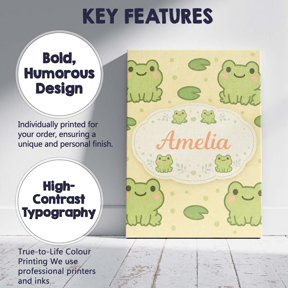 Personalised Name Cute Frog Lily Pad Cartoon Animal Pattern Thoughtful Custom Decorative Canvas Wall Art Print Decor Picture Ready to Hang