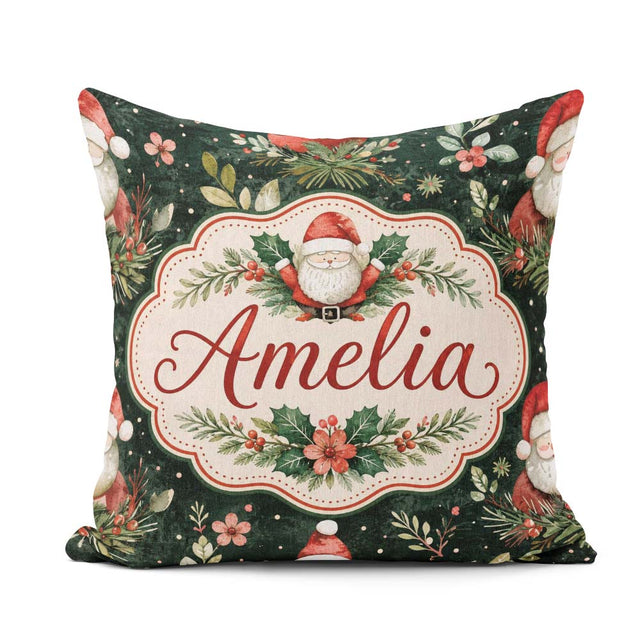 Custom Name Christmas Santa Botanical Dark Green Festive Pattern Square Filled Cushion Throw Pillow Sofa Bed Home Decor Zip Washable UK Made