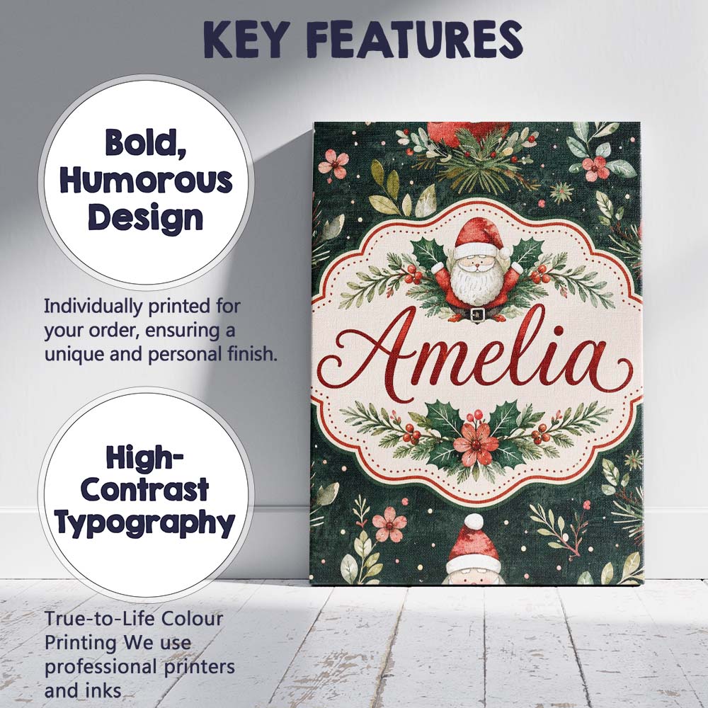 Personalised Name Christmas Santa Botanical Custom  Bespoke Interior Contemporary Canvas Wall Art Print Decor Picture Ready to Hang