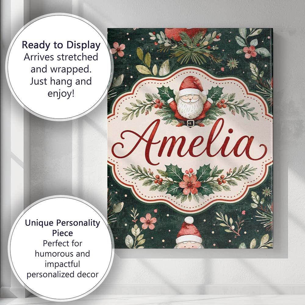 Personalised Name Christmas Santa Botanical Custom  Bespoke Interior Contemporary Canvas Wall Art Print Decor Picture Ready to Hang