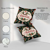 Custom Name Christmas Santa Botanical Dark Green Festive Pattern Square Filled Cushion Throw Pillow Sofa Bed Home Decor Zip Washable UK Made