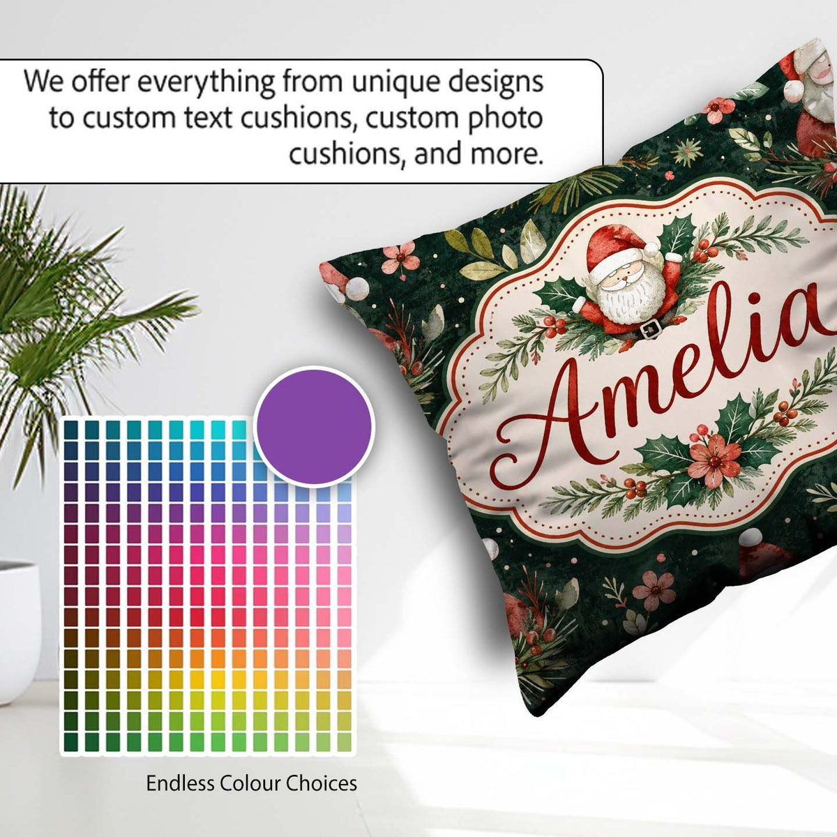 Custom Name Christmas Santa Botanical Dark Green Festive Pattern Square Filled Cushion Throw Pillow Sofa Bed Home Decor Zip Washable UK Made