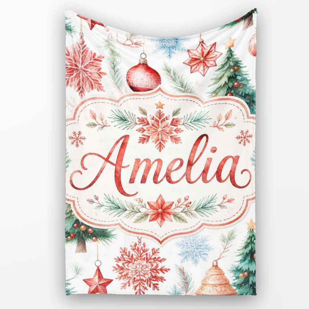 Watercolor Christmas Baubles Snowflakes Reindeer Tree Festive Lovely  Personalised Custom Name Super Soft Fleece Blanket Bed Sofa Throw