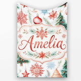 Watercolor Christmas Baubles Snowflakes Reindeer Tree Festive Lovely  Personalised Custom Name Super Soft Fleece Blanket Bed Sofa Throw