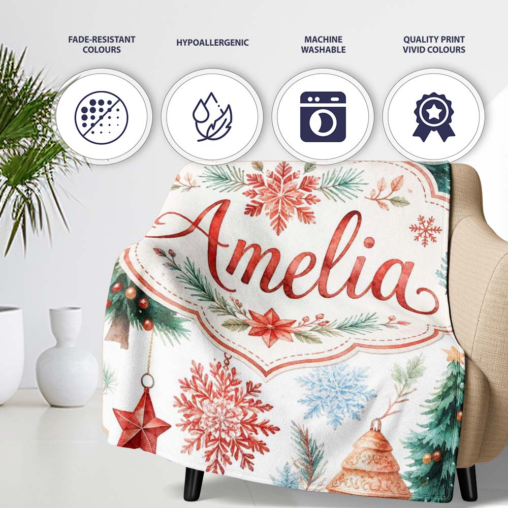 Watercolor Christmas Baubles Snowflakes Reindeer Tree Festive Lovely  Personalised Custom Name Super Soft Fleece Blanket Bed Sofa Throw