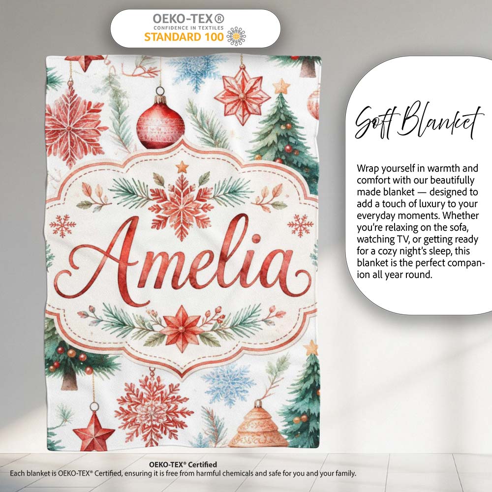 Watercolor Christmas Baubles Snowflakes Reindeer Tree Festive Lovely  Personalised Custom Name Super Soft Fleece Blanket Bed Sofa Throw
