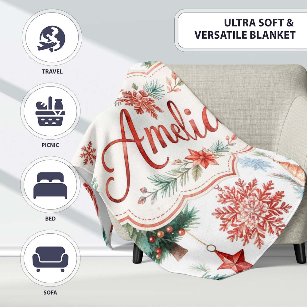 Watercolor Christmas Baubles Snowflakes Reindeer Tree Festive Lovely  Personalised Custom Name Super Soft Fleece Blanket Bed Sofa Throw
