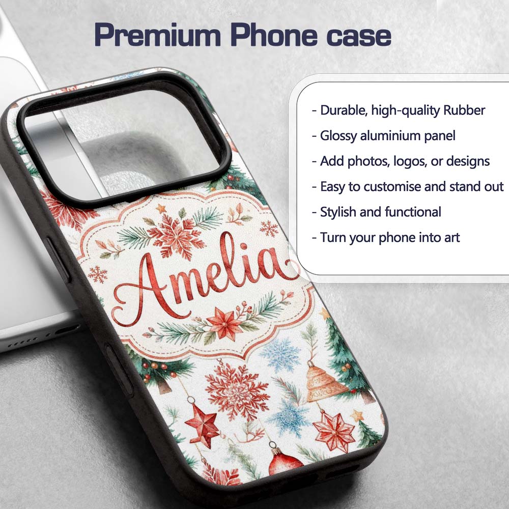 Watercolor Christmas Baubles Snowflakes Reindeer Custom Name Protective Phone Case Mobile Cover Durable Everyday Smartphone Shock Resistant