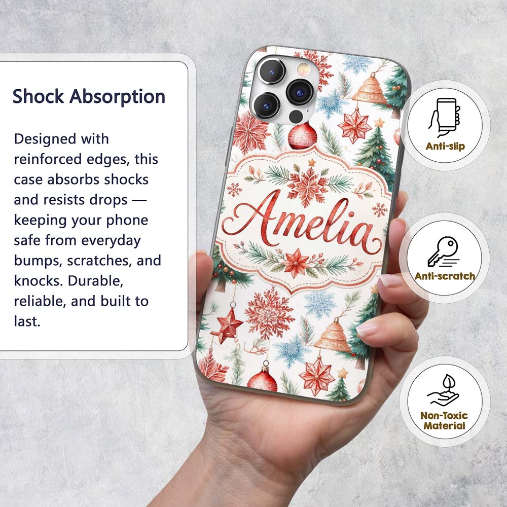 Watercolor Christmas Baubles Snowflakes Reindeer Custom Name Protective Phone Case Mobile Cover Durable Everyday Smartphone Shock Resistant