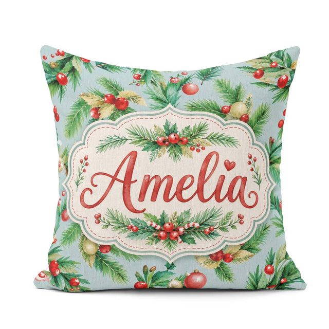 Custom Name Watercolor Christmas Wreath Pine Red Berries Festive Square Filled Cushion Throw Pillow Sofa Bed Home Decor Zip Washable UK Made