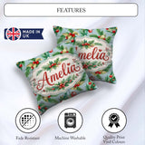 Custom Name Watercolor Christmas Wreath Pine Red Berries Festive Square Filled Cushion Throw Pillow Sofa Bed Home Decor Zip Washable UK Made