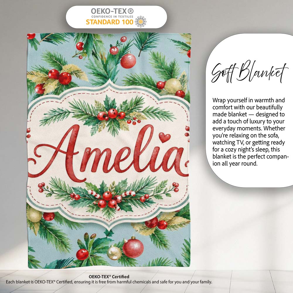 Watercolor Christmas Wreath Pine Branches Red Berries Festive Lovely  Personalised Custom Name Super Soft Fleece Blanket Bed Sofa Throw