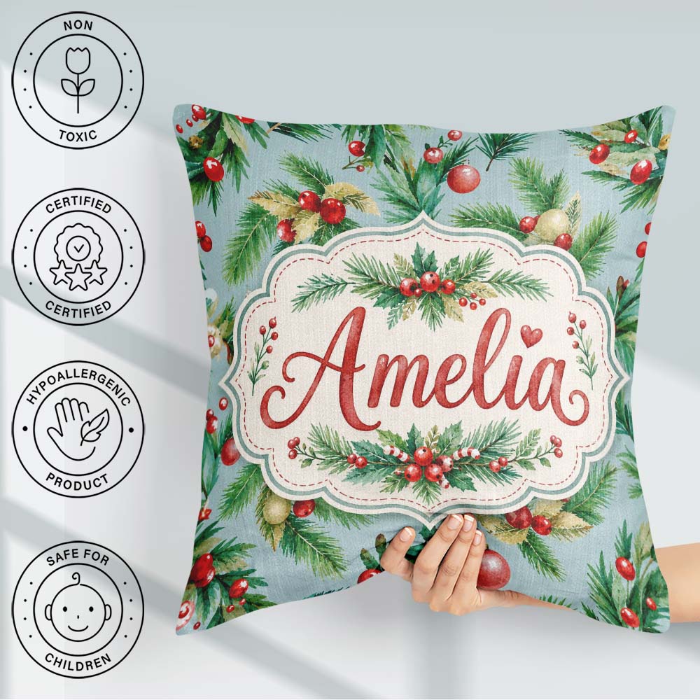 Custom Name Watercolor Christmas Wreath Pine Red Berries Festive Square Filled Cushion Throw Pillow Sofa Bed Home Decor Zip Washable UK Made