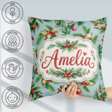Custom Name Watercolor Christmas Wreath Pine Red Berries Festive Square Filled Cushion Throw Pillow Sofa Bed Home Decor Zip Washable UK Made