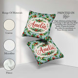Custom Name Watercolor Christmas Wreath Pine Red Berries Festive Square Filled Cushion Throw Pillow Sofa Bed Home Decor Zip Washable UK Made